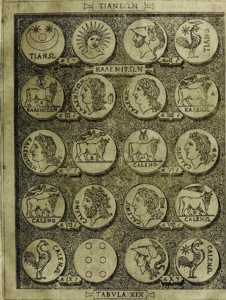 An illustration from Sicilia et Magna Graecia, sive, Historiae vrbivm et popvlorvm Graeciae ex antiqvis nomismatibvs liber primus[-secundus], 1644, leaf 28