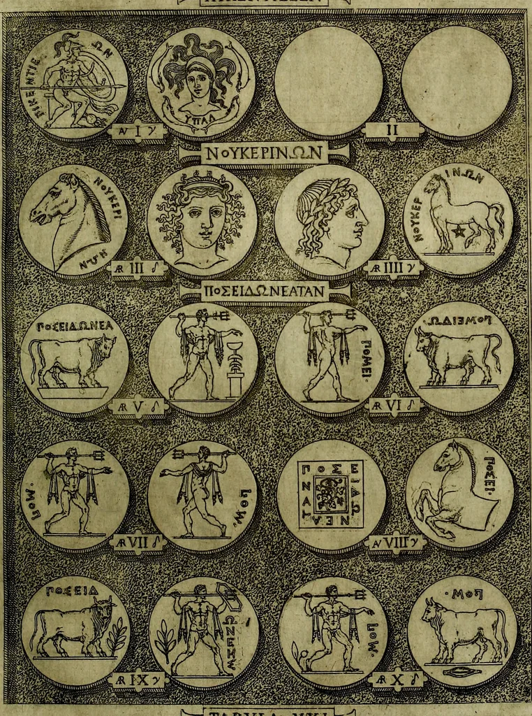 An illustration from Sicilia et Magna Graecia, sive, Historiae vrbivm et popvlorvm Graeciae ex antiqvis nomismatibvs liber primus[-secundus], 1644, leaf 30
