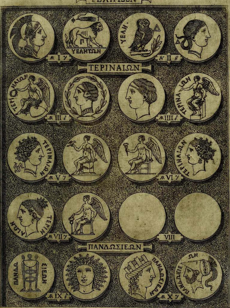 An illustration from Sicilia et Magna Graecia, sive, Historiae vrbivm et popvlorvm Graeciae ex antiqvis nomismatibvs liber primus[-secundus], 1644, leaf 32
