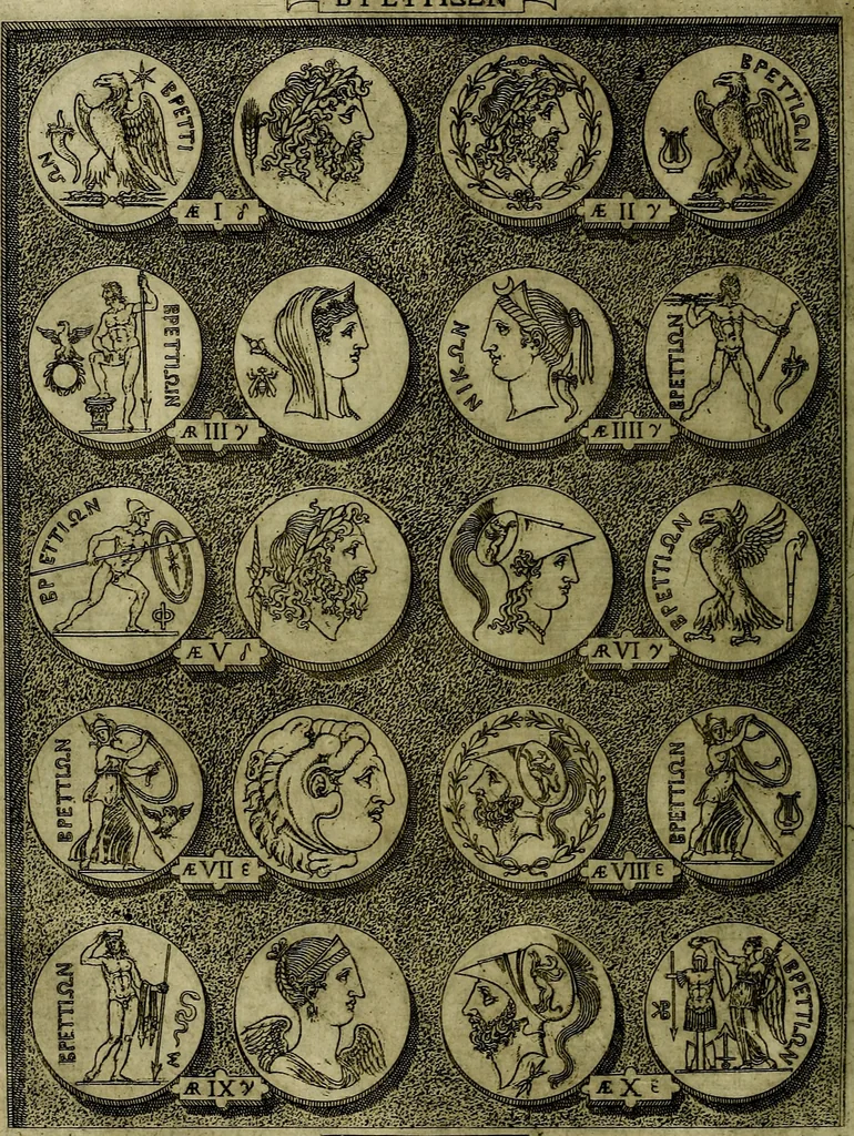 An illustration from Sicilia et Magna Graecia, sive, Historiae vrbivm et popvlorvm Graeciae ex antiqvis nomismatibvs liber primus[-secundus], 1644, leaf 33