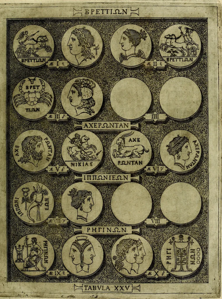 An illustration from Sicilia et Magna Graecia, sive, Historiae vrbivm et popvlorvm Graeciae ex antiqvis nomismatibvs liber primus[-secundus], 1644, leaf 34