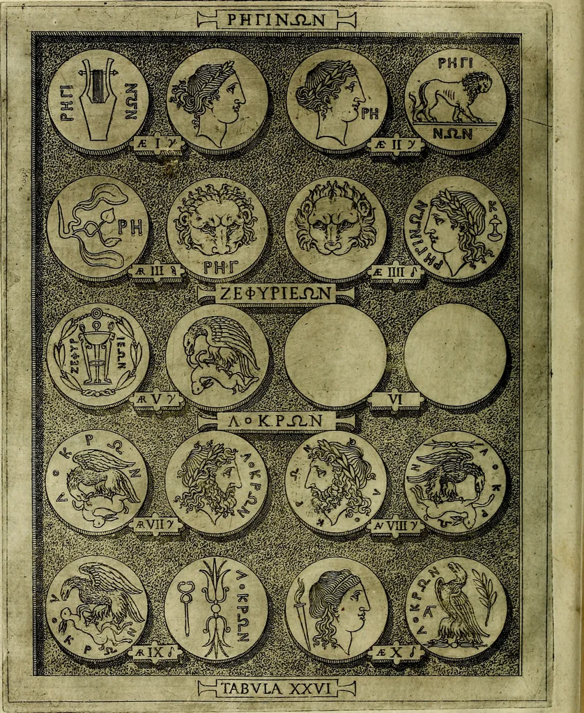 An illustration from Sicilia et Magna Graecia, sive, Historiae vrbivm et popvlorvm Graeciae ex antiqvis nomismatibvs liber primus[-secundus], 1644, leaf 35
