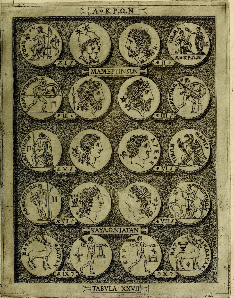 An illustration from Sicilia et Magna Graecia, sive, Historiae vrbivm et popvlorvm Graeciae ex antiqvis nomismatibvs liber primus[-secundus], 1644, leaf 36