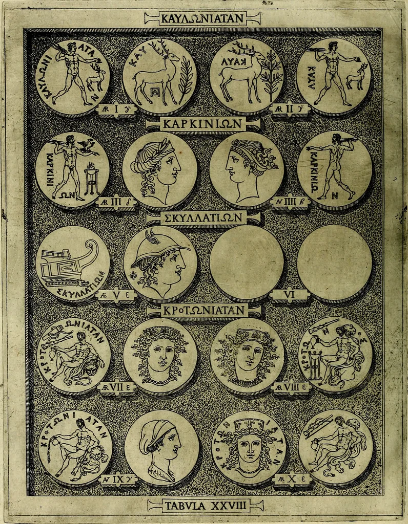 An illustration from Sicilia et Magna Graecia, sive, Historiae vrbivm et popvlorvm Graeciae ex antiqvis nomismatibvs liber primus[-secundus], 1644, leaf 37