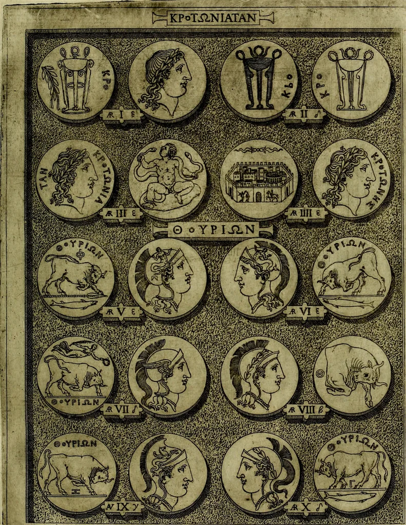An illustration from Sicilia et Magna Graecia, sive, Historiae vrbivm et popvlorvm Graeciae ex antiqvis nomismatibvs liber primus[-secundus], 1644, leaf 38