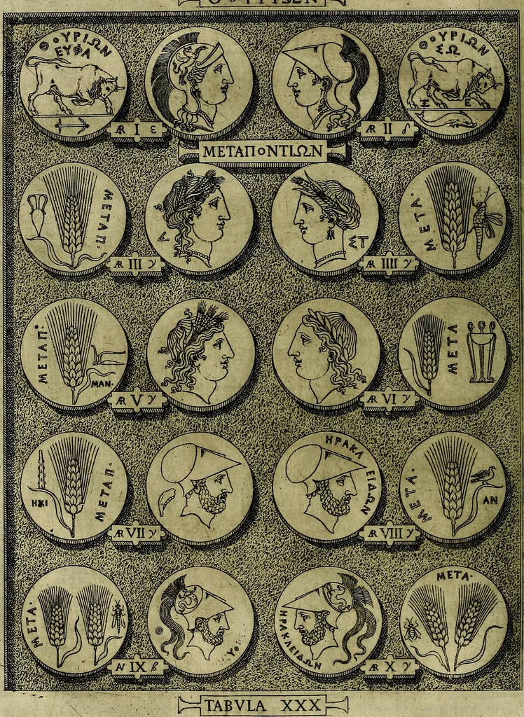 An illustration from Sicilia et Magna Graecia, sive, Historiae vrbivm et popvlorvm Graeciae ex antiqvis nomismatibvs liber primus[-secundus], 1644, leaf 39