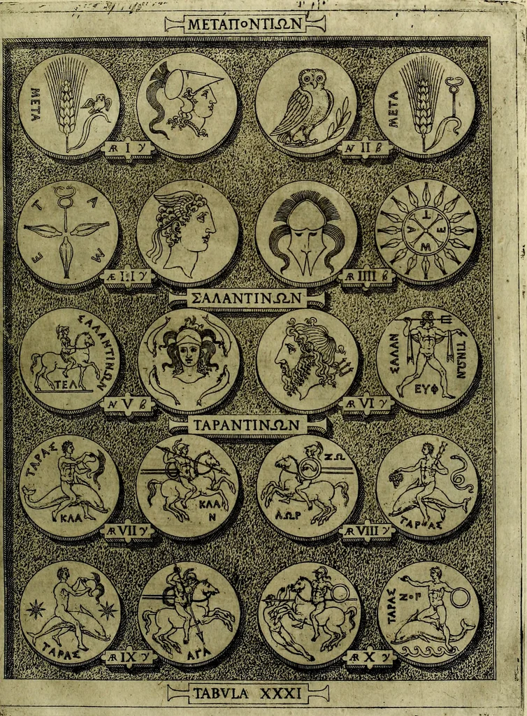 An illustration from Sicilia et Magna Graecia, sive, Historiae vrbivm et popvlorvm Graeciae ex antiqvis nomismatibvs liber primus[-secundus], 1644, leaf 40