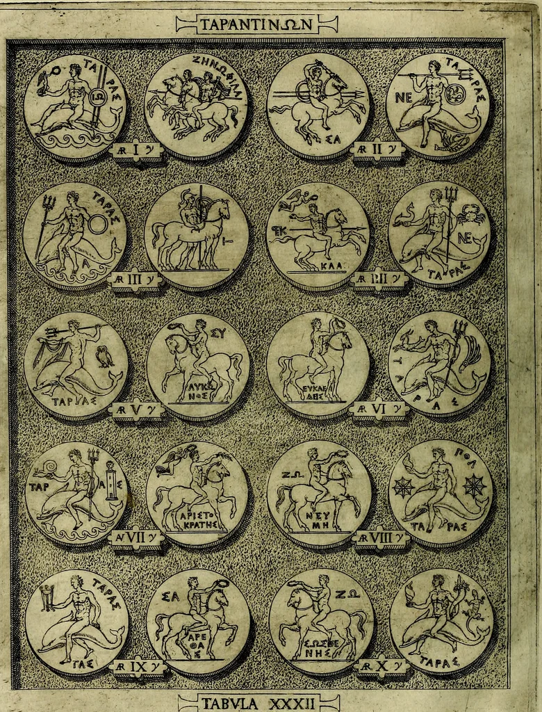 An illustration from Sicilia et Magna Graecia, sive, Historiae vrbivm et popvlorvm Graeciae ex antiqvis nomismatibvs liber primus[-secundus], 1644, leaf 41