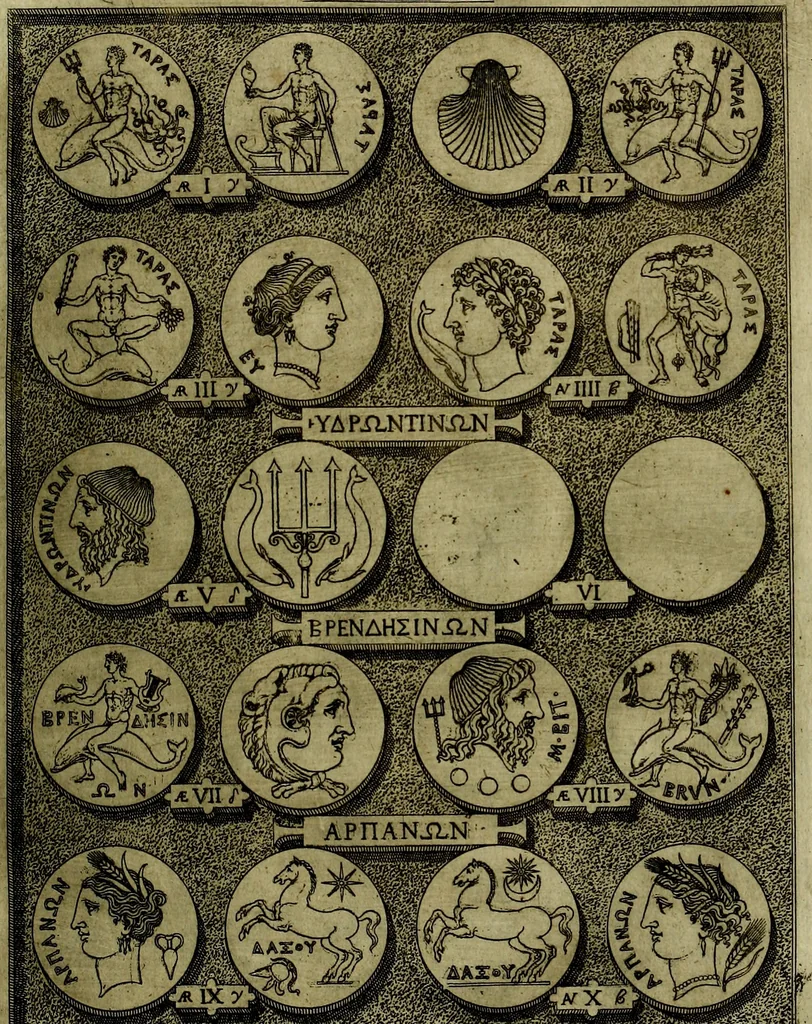 An illustration from Sicilia et Magna Graecia, sive, Historiae vrbivm et popvlorvm Graeciae ex antiqvis nomismatibvs liber primus[-secundus], 1644, leaf 42