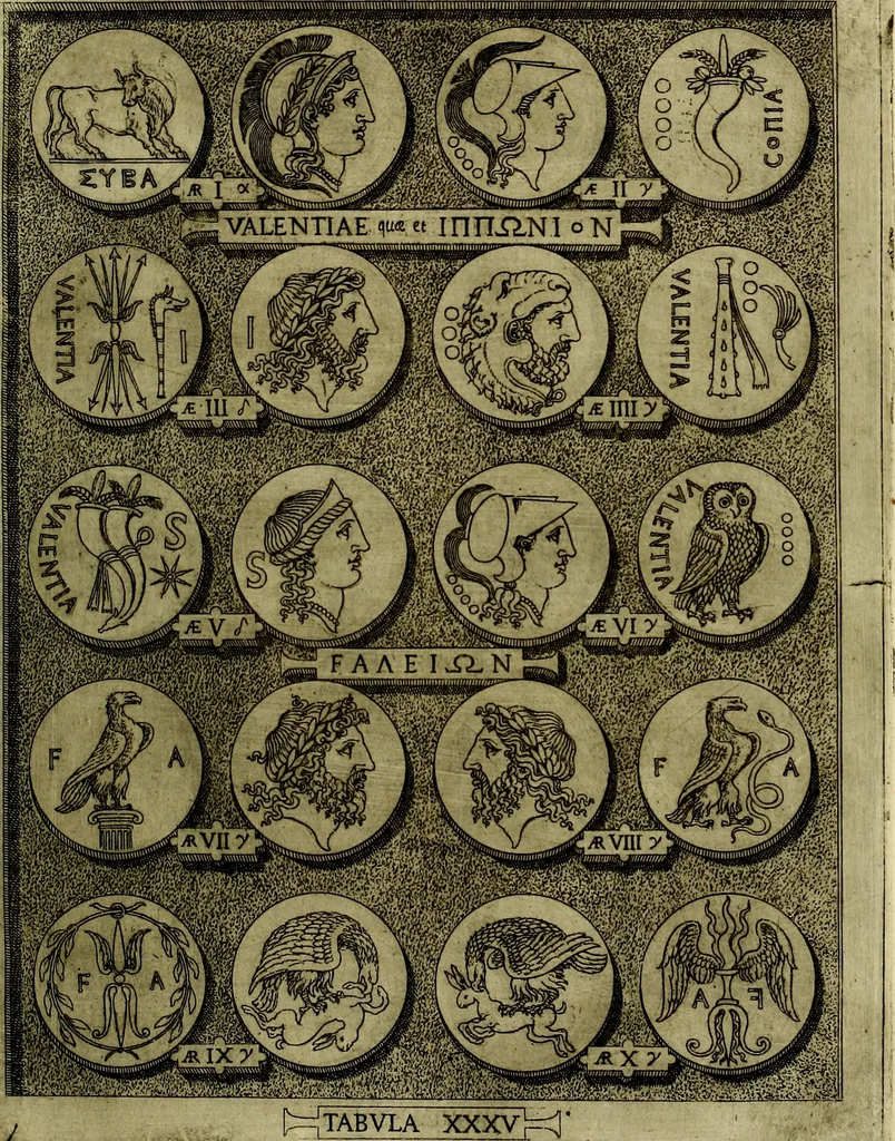 An illustration from Sicilia et Magna Graecia, sive, Historiae vrbivm et popvlorvm Graeciae ex antiqvis nomismatibvs liber primus[-secundus], 1644, leaf 44