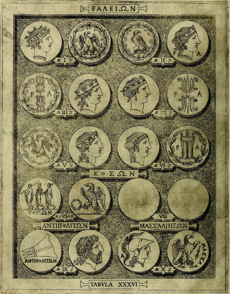 An illustration from Sicilia et Magna Graecia, sive, Historiae vrbivm et popvlorvm Graeciae ex antiqvis nomismatibvs liber primus[-secundus], 1644, leaf 45