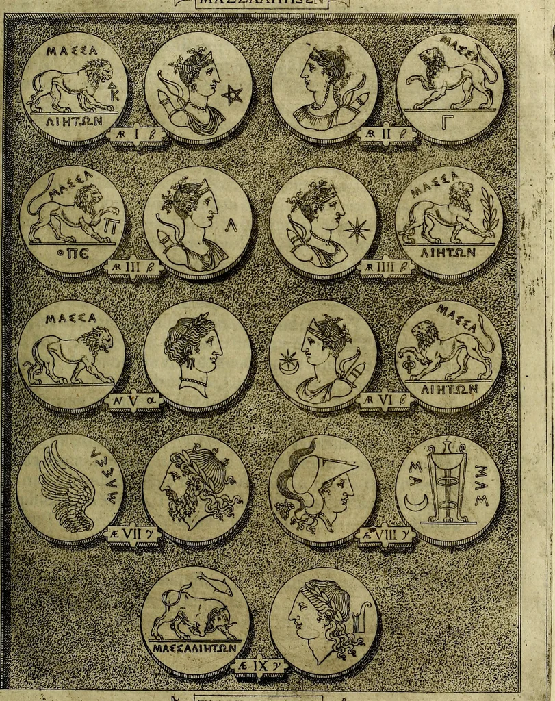 An illustration from Sicilia et Magna Graecia, sive, Historiae vrbivm et popvlorvm Graeciae ex antiqvis nomismatibvs liber primus[-secundus], 1644, leaf 46