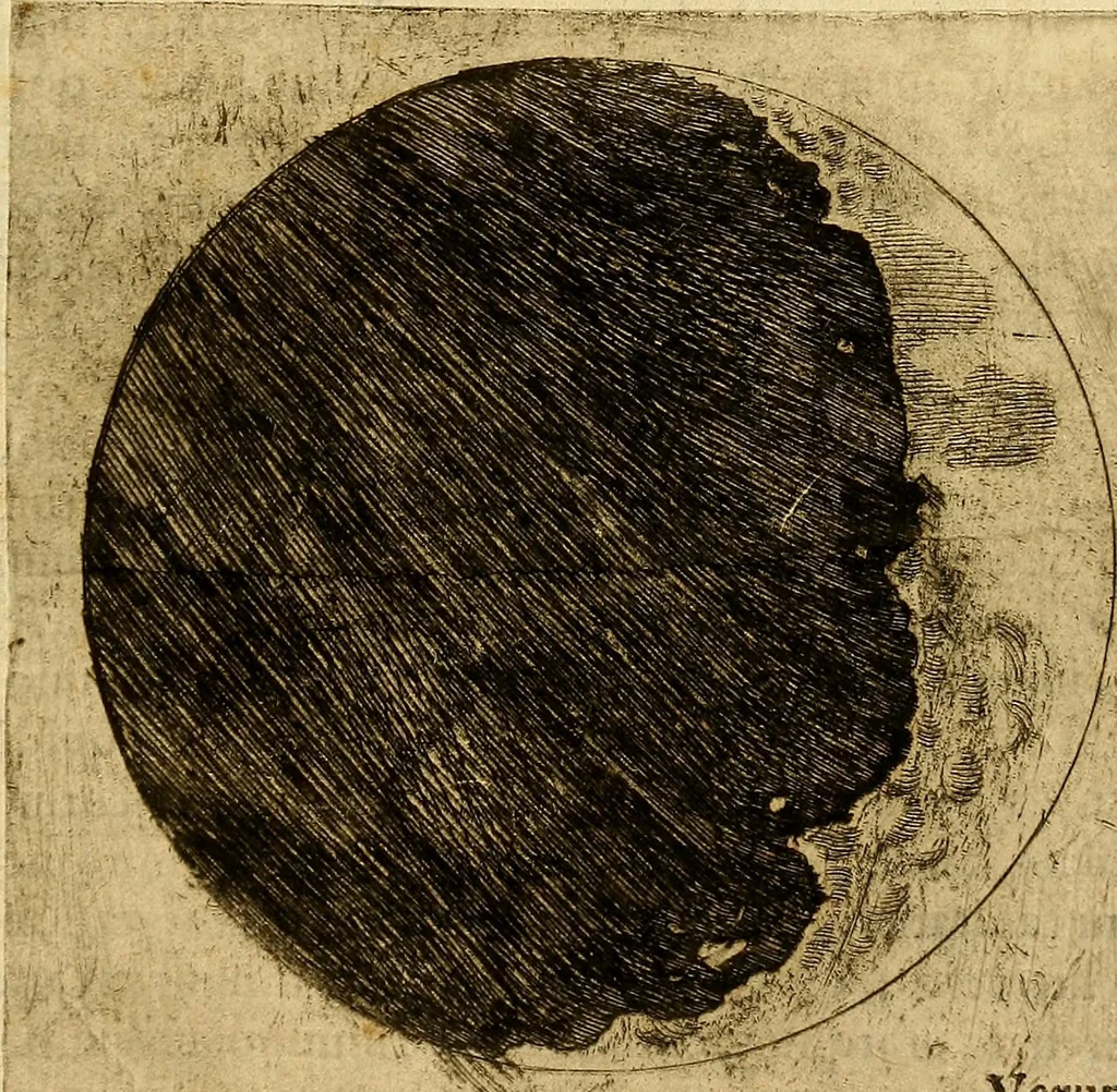 An illustration from Sidereus nuncius : magna, longeque admirabilia spectacula pandens, suspiciendaque proponens vnicuique, praesertim verò philosophis, atq[ue] astronomis, quae à Galileo Galileo ... perspicilli nuper à se reperti beneficio sunt obseruata in lunae facie, fixis innumeris, lacteo circulo, stellis nebulosis, apprime verò in quatuor planetis circa Iouis stellam disparibus interuallis, atque periodis, celeritate mirabili circumuolutis; quos, nemini in hanc vsque diem cognitos, nouissimè author depraehendit primus; atque Medicea sidera nuncupandos decreuit, 1610, leaf 20