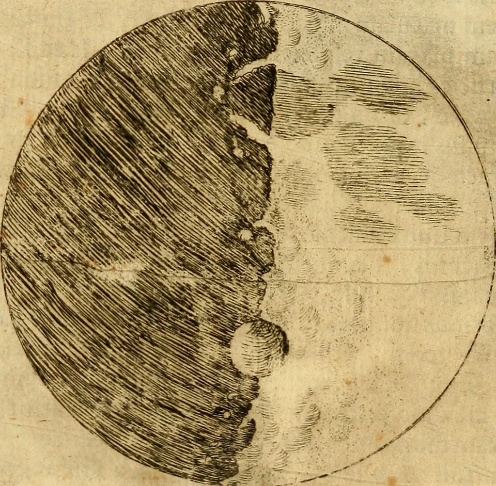 An illustration from Sidereus nuncius : magna, longeque admirabilia spectacula pandens, suspiciendaque proponens vnicuique, praesertim verò philosophis, atq[ue] astronomis, quae à Galileo Galileo ... perspicilli nuper à se reperti beneficio sunt obseruata in lunae facie, fixis innumeris, lacteo circulo, stellis nebulosis, apprime verò in quatuor planetis circa Iouis stellam disparibus interuallis, atque periodis, celeritate mirabili circumuolutis; quos, nemini in hanc vsque diem cognitos, nouissimè author depraehendit primus; atque Medicea sidera nuncupandos decreuit, 1610, leaf 23