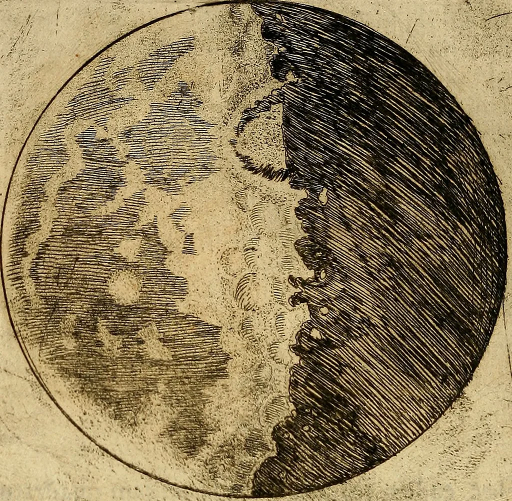 An illustration from Sidereus nuncius : magna, longeque admirabilia spectacula pandens, suspiciendaque proponens vnicuique, praesertim verò philosophis, atq[ue] astronomis, quae à Galileo Galileo ... perspicilli nuper à se reperti beneficio sunt obseruata in lunae facie, fixis innumeris, lacteo circulo, stellis nebulosis, apprime verò in quatuor planetis circa Iouis stellam disparibus interuallis, atque periodis, celeritate mirabili circumuolutis; quos, nemini in hanc vsque diem cognitos, nouissimè author depraehendit primus; atque Medicea sidera nuncupandos decreuit, 1610, leaf 25