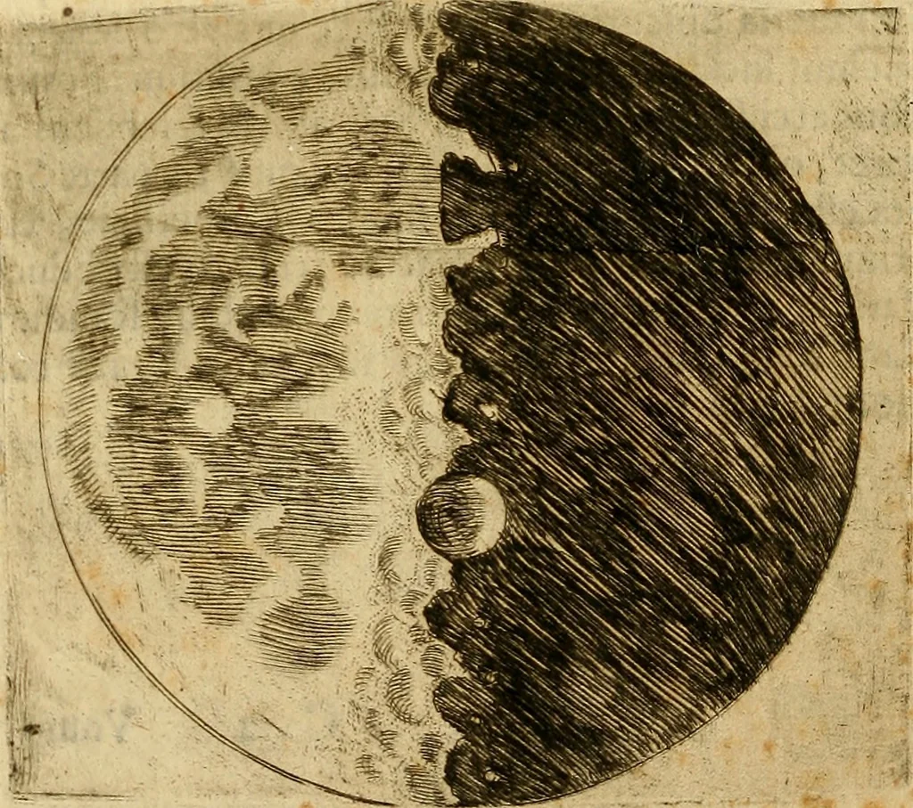 An illustration from Sidereus nuncius : magna, longeque admirabilia spectacula pandens, suspiciendaque proponens vnicuique, praesertim verò philosophis, atq[ue] astronomis, quae à Galileo Galileo ... perspicilli nuper à se reperti beneficio sunt obseruata in lunae facie, fixis innumeris, lacteo circulo, stellis nebulosis, apprime verò in quatuor planetis circa Iouis stellam disparibus interuallis, atque periodis, celeritate mirabili circumuolutis; quos, nemini in hanc vsque diem cognitos, nouissimè author depraehendit primus; atque Medicea sidera nuncupandos decreuit, 1610, leaf 25