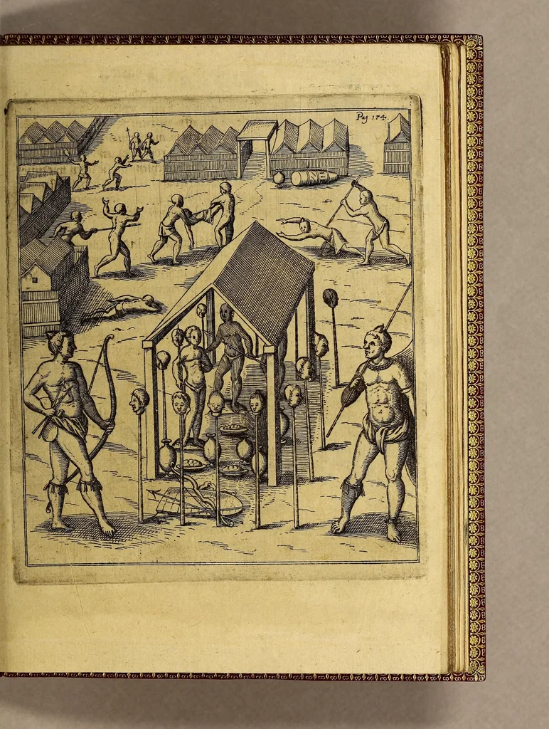 An illustration from Siebende Schiffahrt in das Goldreiche Königreich Guineam, in Africa gelegen, : so sonsten das Goldgestadt von Mina genan[n]t wird, welches von den Portugalesern vngefähr vor 200. Jahren erfunden, von den Holländern jnnerhalb 18. Jahren hero bekannt gemacht vnnd frequentirt, jetzt aber von ihnen erst recht erkündigt, vnnd in niderländischer Sprach beschrieben, da sie mit zweyen Schiffen auss demselben Lande Anno 1602. widerumb in Hollande ankommen., 1624, leaf 221
