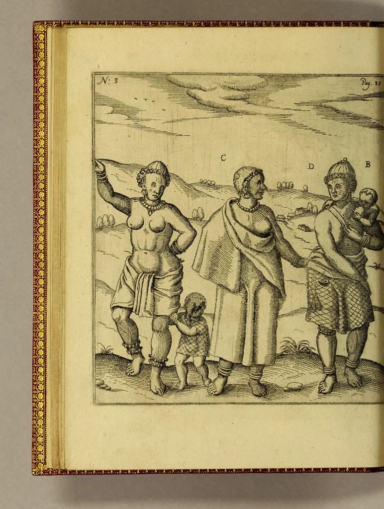 An illustration from Siebende Schiffahrt in das Goldreiche Königreich Guineam, in Africa gelegen, : so sonsten das Goldgestadt von Mina genan[n]t wird, welches von den Portugalesern vngefähr vor 200. Jahren erfunden, von den Holländern jnnerhalb 18. Jahren hero bekannt gemacht vnnd frequentirt, jetzt aber von ihnen erst recht erkündigt, vnnd in niderländischer Sprach beschrieben, da sie mit zweyen Schiffen auss demselben Lande Anno 1602. widerumb in Hollande ankommen., 1624, leaf 58
