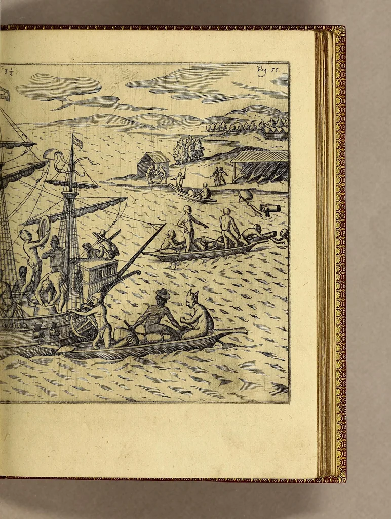 An illustration from Siebende Schiffahrt in das Goldreiche Königreich Guineam, in Africa gelegen, : so sonsten das Goldgestadt von Mina genan[n]t wird, welches von den Portugalesern vngefähr vor 200. Jahren erfunden, von den Holländern jnnerhalb 18. Jahren hero bekannt gemacht vnnd frequentirt, jetzt aber von ihnen erst recht erkündigt, vnnd in niderländischer Sprach beschrieben, da sie mit zweyen Schiffen auss demselben Lande Anno 1602. widerumb in Hollande ankommen., 1624, leaf 79