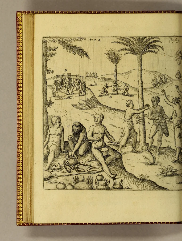 An illustration from Siebende Schiffahrt in das Goldreiche Königreich Guineam, in Africa gelegen, : so sonsten das Goldgestadt von Mina genan[n]t wird, welches von den Portugalesern vngefähr vor 200. Jahren erfunden, von den Holländern jnnerhalb 18. Jahren hero bekannt gemacht vnnd frequentirt, jetzt aber von ihnen erst recht erkündigt, vnnd in niderländischer Sprach beschrieben, da sie mit zweyen Schiffen auss demselben Lande Anno 1602. widerumb in Hollande ankommen., 1624, leaf 98