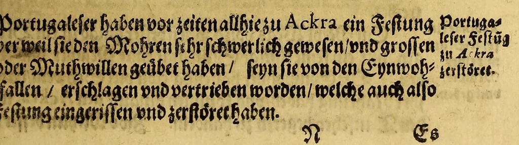 An illustration from Siebende Schiffahrt in das Goldreiche Königreich Guineam, in Africa gelegen, : so sonsten das Goldgestadt von Mina genan[n]t wird, welches von den Portugalesern vngefähr vor 200. Jahren erfunden, von den Holländern jnnerhalb 18. Jahren hero bekannt gemacht vnnd frequentirt, jetzt aber von ihnen erst recht erkündigt, vnnd in niderländischer Sprach beschrieben, da sie mit zweyen Schiffen auss demselben Lande Anno 1602. widerumb in Hollande ankommen., 1624, leaf 113