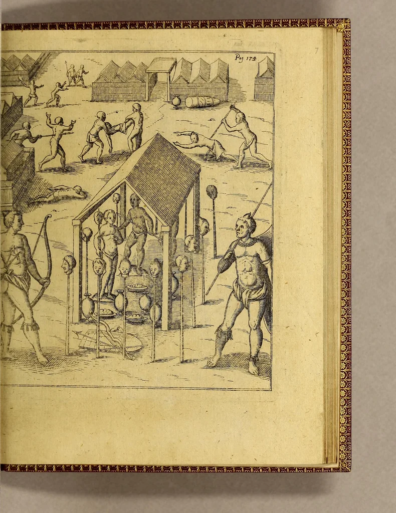An illustration from Siebende Schiffahrt in das Goldreiche Königreich Guineam, in Africa gelegen, : so sonsten das Goldgestadt von Mina genan[n]t wird, welches von den Portugalesern vngefähr vor 200. Jahren erfunden, von den Holländern jnnerhalb 18. Jahren hero bekannt gemacht vnnd frequentirt, jetzt aber von ihnen erst recht erkündigt, vnnd in niderländischer Sprach beschrieben, da sie mit zweyen Schiffen auss demselben Lande Anno 1602. widerumb in Hollande ankommen., 1624, leaf 207