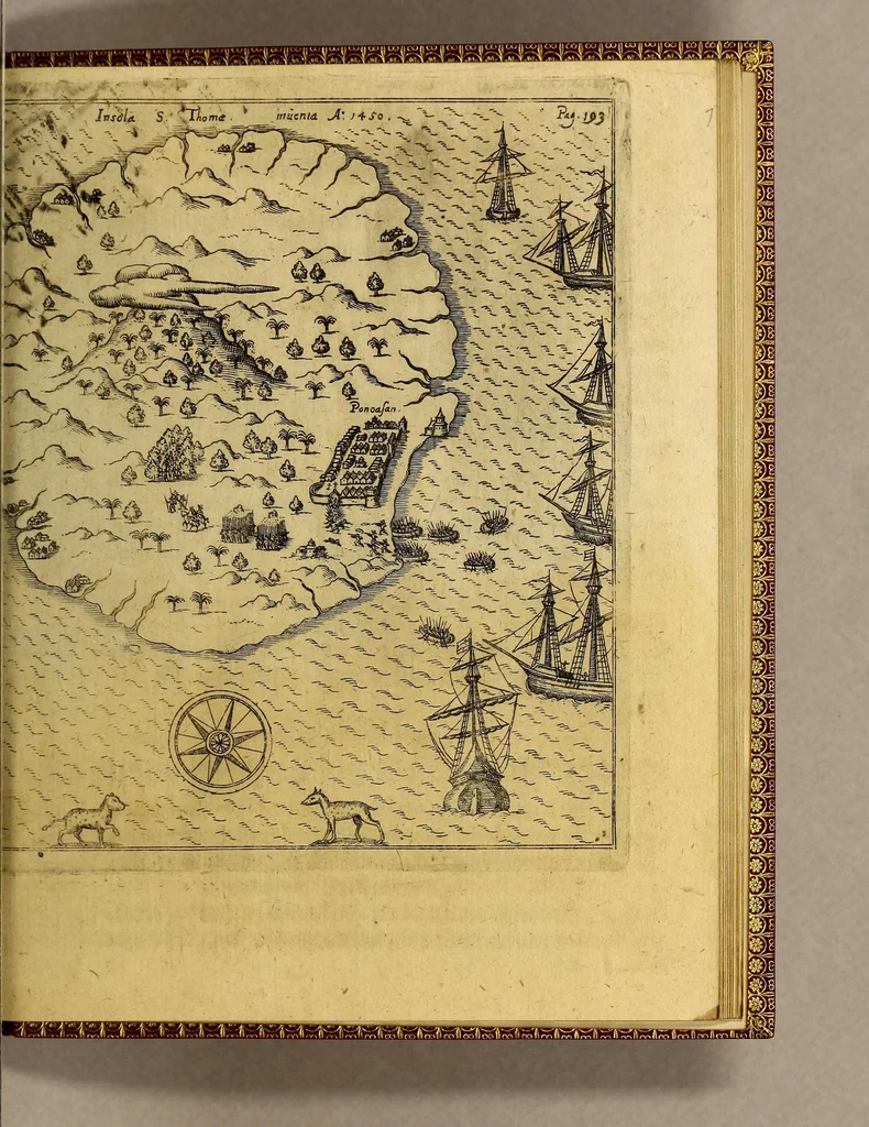 An illustration from Siebende Schiffahrt in das Goldreiche Königreich Guineam, in Africa gelegen, : so sonsten das Goldgestadt von Mina genan[n]t wird, welches von den Portugalesern vngefähr vor 200. Jahren erfunden, von den Holländern jnnerhalb 18. Jahren hero bekannt gemacht vnnd frequentirt, jetzt aber von ihnen erst recht erkündigt, vnnd in niderländischer Sprach beschrieben, da sie mit zweyen Schiffen auss demselben Lande Anno 1602. widerumb in Hollande ankommen., 1624, leaf 223
