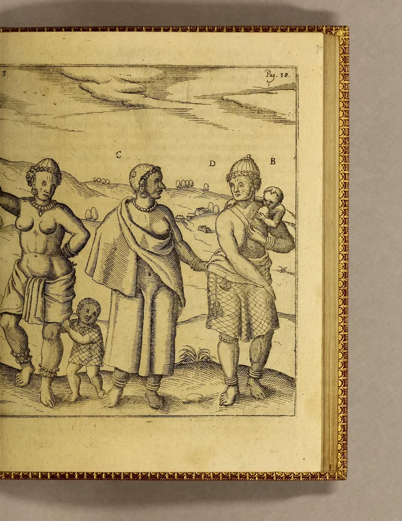 An illustration from Siebende Schiffahrt in das Goldreiche Königreich Guineam, in Africa gelegen, : so sonsten das Goldgestadt von Mina genan[n]t wird, welches von den Portugalesern vngefähr vor 200. Jahren erfunden, von den Holländern jnnerhalb 18. Jahren hero bekannt gemacht vnnd frequentirt, jetzt aber von ihnen erst recht erkündigt, vnnd in niderländischer Sprach beschrieben, da sie mit zweyen Schiffen auss demselben Lande Anno 1602. widerumb in Hollande ankommen., 1624, leaf 51