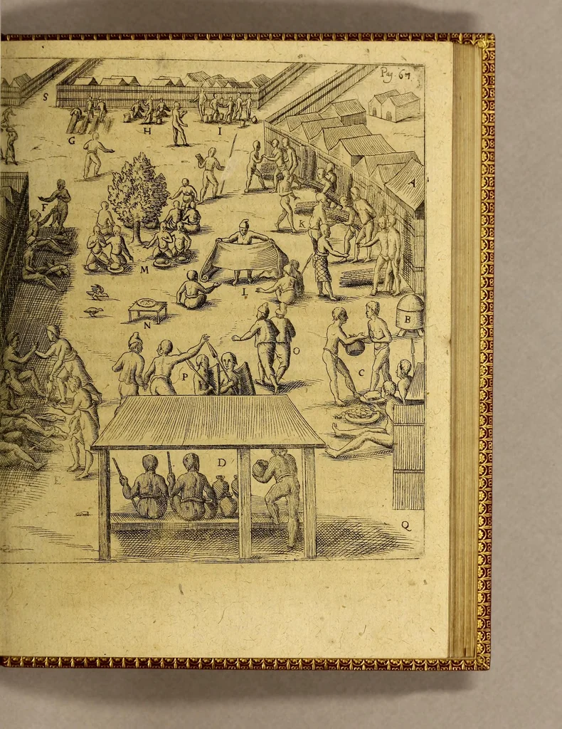 An illustration from Siebende Schiffahrt in das Goldreiche Königreich Guineam, in Africa gelegen, : so sonsten das Goldgestadt von Mina genan[n]t wird, welches von den Portugalesern vngefähr vor 200. Jahren erfunden, von den Holländern jnnerhalb 18. Jahren hero bekannt gemacht vnnd frequentirt, jetzt aber von ihnen erst recht erkündigt, vnnd in niderländischer Sprach beschrieben, da sie mit zweyen Schiffen auss demselben Lande Anno 1602. widerumb in Hollande ankommen., 1624, leaf 79
