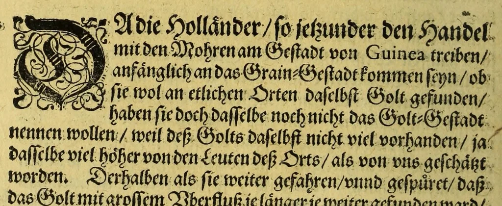 An illustration from Siebende Schiffahrt in das Goldreiche Königreich Guineam, in Africa gelegen, : so sonsten das Goldgestadt von Mina genan[n]t wirdt, welches von den Portugalesern vngefähr vor 200. Jahren erfunden, von den Holländern innerhalb 18. Jahren hero bekannt gemacht vnd frequentirt, jetzt aber von ihnen erst recht erkündigt, vnd in niderländischer Sprach beschrieben, da sie mit zweyen Schiffen auss demselben Lande Anno 1602. widerumb in Hollande ankommen., 1606, leaf 114