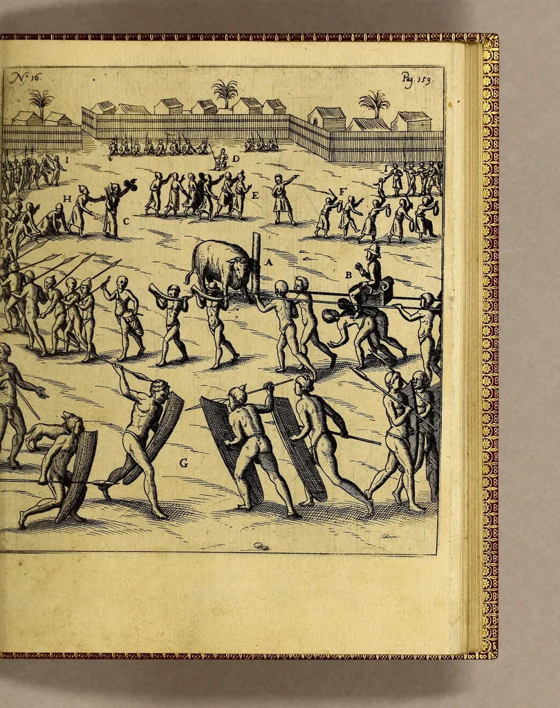 An illustration from Siebende Schiffahrt in das Goldreiche Königreich Guineam, in Africa gelegen, : so sonsten das Goldgestadt von Mina genan[n]t wirdt, welches von den Portugalesern vngefähr vor 200. Jahren erfunden, von den Holländern innerhalb 18. Jahren hero bekannt gemacht vnd frequentirt, jetzt aber von ihnen erst recht erkündigt, vnd in niderländischer Sprach beschrieben, da sie mit zweyen Schiffen auss demselben Lande Anno 1602. widerumb in Hollande ankommen., 1606, leaf 199