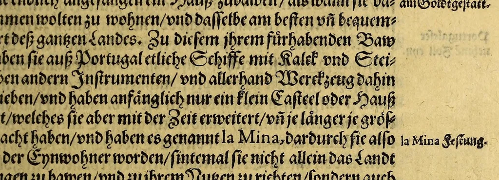 An illustration from Siebende Schiffahrt in das Goldreiche Königreich Guineam, in Africa gelegen, : so sonsten das Goldgestadt von Mina genan[n]t wirdt, welches von den Portugalesern vngefähr vor 200. Jahren erfunden, von den Holländern innerhalb 18. Jahren hero bekannt gemacht vnd frequentirt, jetzt aber von ihnen erst recht erkündigt, vnd in niderländischer Sprach beschrieben, da sie mit zweyen Schiffen auss demselben Lande Anno 1602. widerumb in Hollande ankommen., 1606, leaf 241