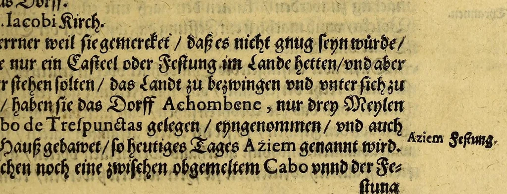 An illustration from Siebende Schiffahrt in das Goldreiche Königreich Guineam, in Africa gelegen, : so sonsten das Goldgestadt von Mina genan[n]t wirdt, welches von den Portugalesern vngefähr vor 200. Jahren erfunden, von den Holländern innerhalb 18. Jahren hero bekannt gemacht vnd frequentirt, jetzt aber von ihnen erst recht erkündigt, vnd in niderländischer Sprach beschrieben, da sie mit zweyen Schiffen auss demselben Lande Anno 1602. widerumb in Hollande ankommen., 1606, leaf 241