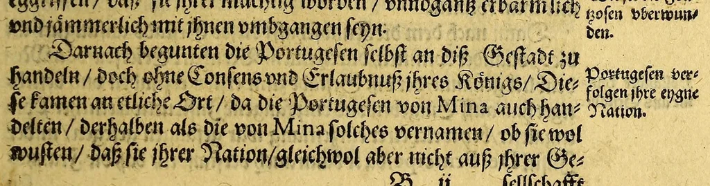 An illustration from Siebende Schiffahrt in das Goldreiche Königreich Guineam, in Africa gelegen, : so sonsten das Goldgestadt von Mina genan[n]t wirdt, welches von den Portugalesern vngefähr vor 200. Jahren erfunden, von den Holländern innerhalb 18. Jahren hero bekannt gemacht vnd frequentirt, jetzt aber von ihnen erst recht erkündigt, vnd in niderländischer Sprach beschrieben, da sie mit zweyen Schiffen auss demselben Lande Anno 1602. widerumb in Hollande ankommen., 1606, leaf 245