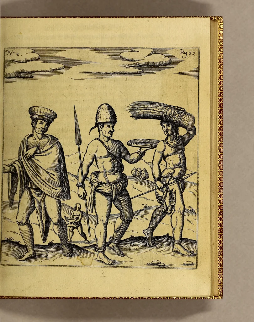 An illustration from Siebende Schiffahrt in das Goldreiche Königreich Guineam, in Africa gelegen, : so sonsten das Goldgestadt von Mina genan[n]t wirdt, welches von den Portugalesern vngefähr vor 200. Jahren erfunden, von den Holländern innerhalb 18. Jahren hero bekannt gemacht vnd frequentirt, jetzt aber von ihnen erst recht erkündigt, vnd in niderländischer Sprach beschrieben, da sie mit zweyen Schiffen auss demselben Lande Anno 1602. widerumb in Hollande ankommen., 1606, leaf 51