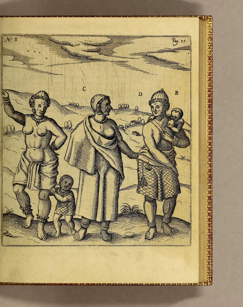 An illustration from Siebende Schiffahrt in das Goldreiche Königreich Guineam, in Africa gelegen, : so sonsten das Goldgestadt von Mina genan[n]t wirdt, welches von den Portugalesern vngefähr vor 200. Jahren erfunden, von den Holländern innerhalb 18. Jahren hero bekannt gemacht vnd frequentirt, jetzt aber von ihnen erst recht erkündigt, vnd in niderländischer Sprach beschrieben, da sie mit zweyen Schiffen auss demselben Lande Anno 1602. widerumb in Hollande ankommen., 1606, leaf 55