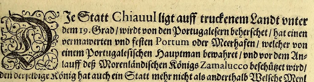 An illustration from Siebenter Theil der Orientalischen Indien, darinnen zwo vnterschiedliche Schiffarten begrieffen. Erstlich eine Dreyjährige Reyse Georgii von Spielbergen Admirals vber drey Schiffe, welche An. 1601. auss Seeland nach den Orientalischen Indien abgefahren, vnd nach viel widerwertigkeiten An. 1604. wider in Seelande ankom[m]en, : darinnen seine gantze, vnd was im für Abentheuer auff derselben begegnet, wie dann auch die mächtige Königreich Matecalo vnnd Candy, sampt ihren prächtigen Königen, Sitten, vnd Ceremonien, verzeichnet vnd beschrieben. Zum andern ein Neunjärige Reyse eines Venetianischen Jubilirers, Casparus Balby genannt, sampt allem, was ime auff derselben von 1579. biss in 1588. begegnet vnd widerfahren, neben Anweisung aller Zöllen, Gewichten, Massen vnd Müntzen deren man sich von Alleppo auss biss ins Königreich Pegu zu Gebrauchen, wie dann auss dess Handels vnd Wandels Lebens Sitten, Ceremonien vnd Gebräuchen der Völcker vnd Eynwohner dess mächtigen Königreichs Pegu., 1605, leaf 113