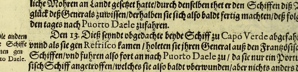 An illustration from Siebenter Theil der Orientalischen Indien, darinnen zwo vnterschiedliche Schiffarten begrieffen. Erstlich eine Dreyjährige Reyse Georgii von Spielbergen Admirals vber drey Schiffe, welche An. 1601. auss Seeland nach den Orientalischen Indien abgefahren, vnd nach viel widerwertigkeiten An. 1604. wider in Seelande ankom[m]en, : darinnen seine gantze, vnd was im für Abentheuer auff derselben begegnet, wie dann auch die mächtige Königreich Matecalo vnnd Candy, sampt ihren prächtigen Königen, Sitten, vnd Ceremonien, verzeichnet vnd beschrieben. Zum andern ein Neunjärige Reyse eines Venetianischen Jubilirers, Casparus Balby genannt, sampt allem, was ime auff derselben von 1579. biss in 1588. begegnet vnd widerfahren, neben Anweisung aller Zöllen, Gewichten, Massen vnd Müntzen deren man sich von Alleppo auss biss ins Königreich Pegu zu Gebrauchen, wie dann auss dess Handels vnd Wandels Lebens Sitten, Ceremonien vnd Gebräuchen der Völcker vnd Eynwohner dess mächtigen Königreichs Pegu., 1605, leaf 12