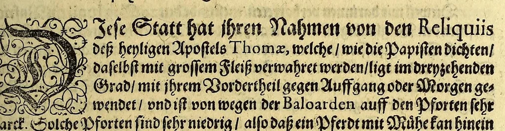 An illustration from Siebenter Theil der Orientalischen Indien, darinnen zwo vnterschiedliche Schiffarten begrieffen. Erstlich eine Dreyjährige Reyse Georgii von Spielbergen Admirals vber drey Schiffe, welche An. 1601. auss Seeland nach den Orientalischen Indien abgefahren, vnd nach viel widerwertigkeiten An. 1604. wider in Seelande ankom[m]en, : darinnen seine gantze, vnd was im für Abentheuer auff derselben begegnet, wie dann auch die mächtige Königreich Matecalo vnnd Candy, sampt ihren prächtigen Königen, Sitten, vnd Ceremonien, verzeichnet vnd beschrieben. Zum andern ein Neunjärige Reyse eines Venetianischen Jubilirers, Casparus Balby genannt, sampt allem, was ime auff derselben von 1579. biss in 1588. begegnet vnd widerfahren, neben Anweisung aller Zöllen, Gewichten, Massen vnd Müntzen deren man sich von Alleppo auss biss ins Königreich Pegu zu Gebrauchen, wie dann auss dess Handels vnd Wandels Lebens Sitten, Ceremonien vnd Gebräuchen der Völcker vnd Eynwohner dess mächtigen Königreichs Pegu., 1605, leaf 129