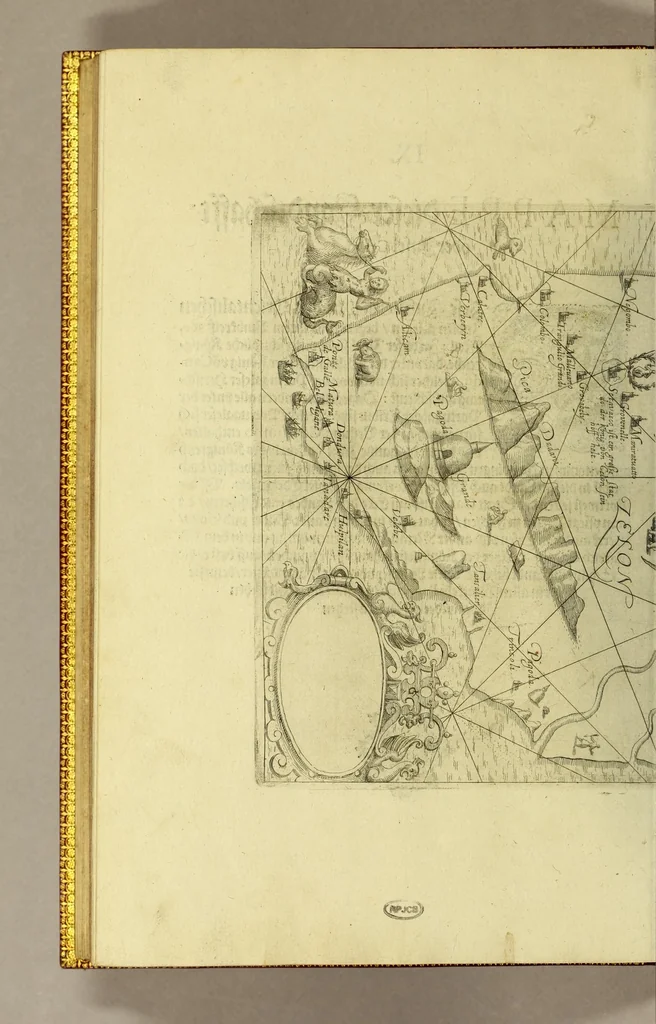 An illustration from Siebenter Theil der Orientalischen Indien, darinnen zwo vnterschiedliche Schiffarten begrieffen. Erstlich eine Dreyjährige Reyse Georgii von Spielbergen Admirals vber drey Schiffe, welche An. 1601. auss Seeland nach den Orientalischen Indien abgefahren, vnd nach viel widerwertigkeiten An. 1604. wider in Seelande ankom[m]en, : darinnen seine gantze, vnd was im für Abentheuer auff derselben begegnet, wie dann auch die mächtige Königreich Matecalo vnnd Candy, sampt ihren prächtigen Königen, Sitten, vnd Ceremonien, verzeichnet vnd beschrieben. Zum andern ein Neunjärige Reyse eines Venetianischen Jubilirers, Casparus Balby genannt, sampt allem, was ime auff derselben von 1579. biss in 1588. begegnet vnd widerfahren, neben Anweisung aller Zöllen, Gewichten, Massen vnd Müntzen deren man sich von Alleppo auss biss ins Königreich Pegu zu Gebrauchen, wie dann auss dess Handels vnd Wandels Lebens Sitten, Ceremonien vnd Gebräuchen der Völcker vnd Eynwohner dess mächtigen Königreichs Pegu., 1605, leaf 230