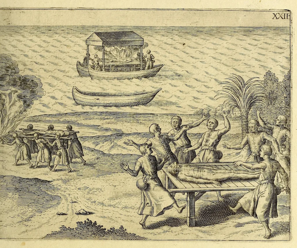 An illustration from Siebenter Theil der Orientalischen Indien, darinnen zwo vnterschiedliche Schiffarten begrieffen. Erstlich eine Dreyjährige Reyse Georgii von Spielbergen Admirals vber drey Schiffe, welche An. 1601. auss Seeland nach den Orientalischen Indien abgefahren, vnd nach viel widerwertigkeiten An. 1604. wider in Seelande ankom[m]en, : darinnen seine gantze, vnd was im für Abentheuer auff derselben begegnet, wie dann auch die mächtige Königreich Matecalo vnnd Candy, sampt ihren prächtigen Königen, Sitten, vnd Ceremonien, verzeichnet vnd beschrieben. Zum andern ein Neunjärige Reyse eines Venetianischen Jubilirers, Casparus Balby genannt, sampt allem, was ime auff derselben von 1579. biss in 1588. begegnet vnd widerfahren, neben Anweisung aller Zöllen, Gewichten, Massen vnd Müntzen deren man sich von Alleppo auss biss ins Königreich Pegu zu Gebrauchen, wie dann auss dess Handels vnd Wandels Lebens Sitten, Ceremonien vnd Gebräuchen der Völcker vnd Eynwohner dess mächtigen Königreichs Pegu., 1605, leaf 257