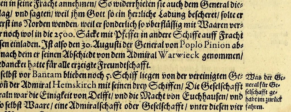 An illustration from Siebenter Theil der Orientalischen Indien, darinnen zwo vnterschiedliche Schiffarten begrieffen. Erstlich eine Dreyjährige Reyse Georgii von Spielbergen Admirals vber drey Schiffe, welche An. 1601. auss Seeland nach den Orientalischen Indien abgefahren, vnd nach viel widerwertigkeiten An. 1604. wider in Seelande ankom[m]en, : darinnen seine gantze, vnd was im für Abentheuer auff derselben begegnet, wie dann auch die mächtige Königreich Matecalo vnnd Candy, sampt ihren prächtigen Königen, Sitten, vnd Ceremonien, verzeichnet vnd beschrieben. Zum andern ein Neunjärige Reyse eines Venetianischen Jubilirers, Casparus Balby genannt, sampt allem, was ime auff derselben von 1579. biss in 1588. begegnet vnd widerfahren, neben Anweisung aller Zöllen, Gewichten, Massen vnd Müntzen deren man sich von Alleppo auss biss ins Königreich Pegu zu Gebrauchen, wie dann auss dess Handels vnd Wandels Lebens Sitten, Ceremonien vnd Gebräuchen der Völcker vnd Eynwohner dess mächtigen Königreichs Pegu., 1605, leaf 61