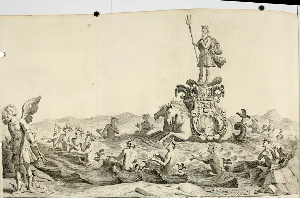 An illustration from Sieg-Streit dess Lufft vnd Wassers : Freuden-Fest zu Pferd zu dem glorwürdigisten Beyläger beeder kayserlichen Majestäten Leopoldi dess Ersten, römischen Kaysers ... vnd Margarita, gebohrner königlichen Infantin auss Hispanien : dargestellet in dero kayserlichen Residenz Statt Wienn, 1667, leaf 26