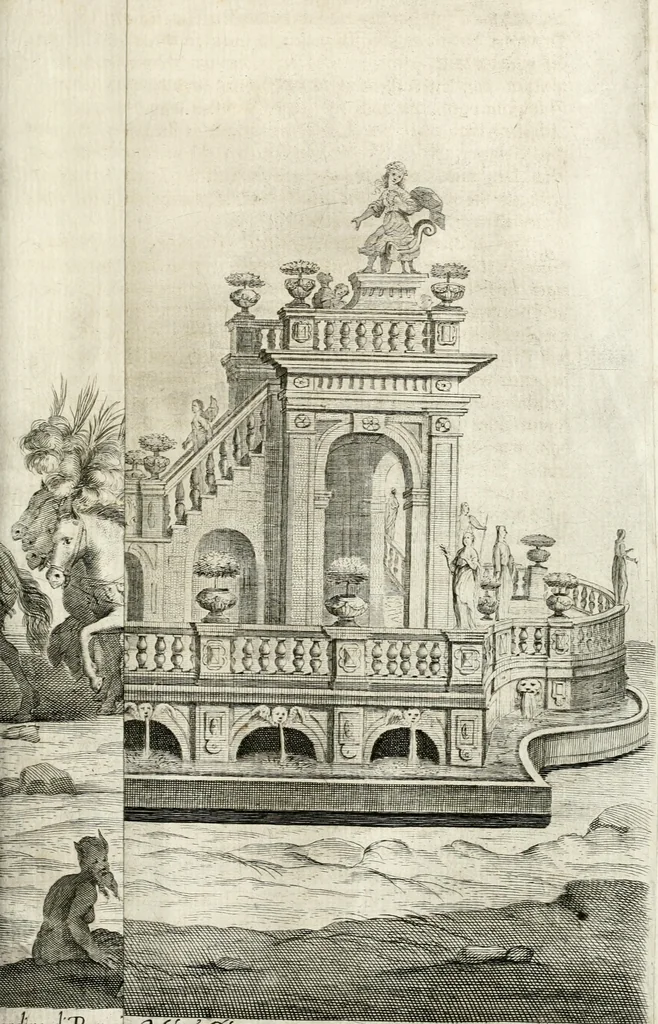 An illustration from Sieg-Streit dess Lufft vnd Wassers : Freuden-Fest zu Pferd zu dem glorwürdigisten Beyläger beeder kayserlichen Majestäten Leopoldi dess Ersten, römischen Kaysers ... vnd Margarita, gebohrner königlichen Infantin auss Hispanien : dargestellet in dero kayserlichen Residenz Statt Wienn, 1667, leaf 30