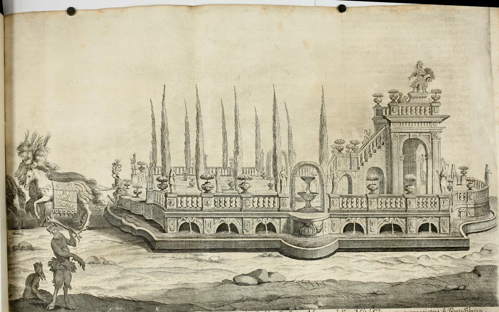 An illustration from Sieg-Streit dess Lufft vnd Wassers : Freuden-Fest zu Pferd zu dem glorwürdigisten Beyläger beeder kayserlichen Majestäten Leopoldi dess Ersten, römischen Kaysers ... vnd Margarita, gebohrner königlichen Infantin auss Hispanien : dargestellet in dero kayserlichen Residenz Statt Wienn, 1667, leaf 31