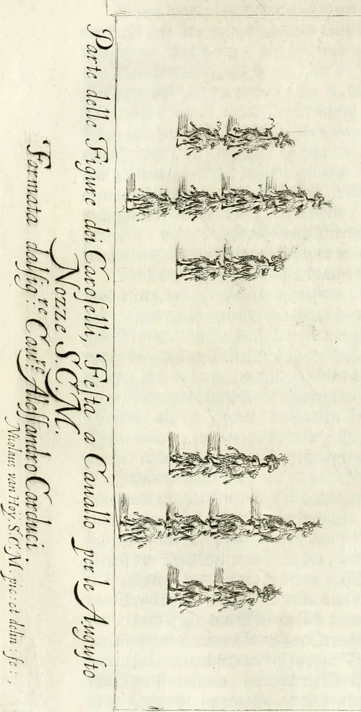 An illustration from Sieg-Streit dess Lufft vnd Wassers : Freuden-Fest zu Pferd zu dem glorwürdigisten Beyläger beeder kayserlichen Majestäten Leopoldi dess Ersten, römischen Kaysers ... vnd Margarita, gebohrner königlichen Infantin auss Hispanien : dargestellet in dero kayserlichen Residenz Statt Wienn, 1667, leaf 39