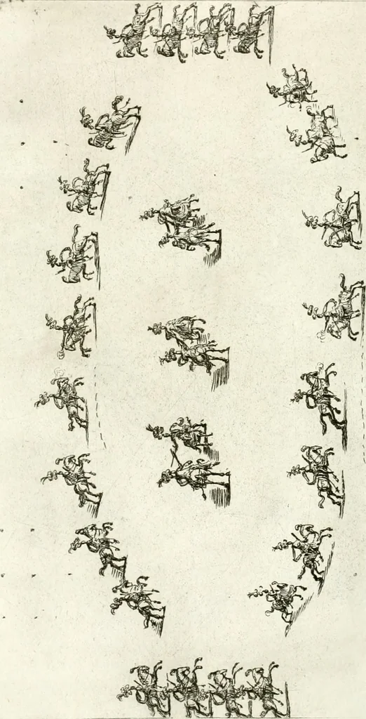 An illustration from Sieg-Streit dess Lufft vnd Wassers : Freuden-Fest zu Pferd zu dem glorwürdigisten Beyläger beeder kayserlichen Majestäten Leopoldi dess Ersten, römischen Kaysers ... vnd Margarita, gebohrner königlichen Infantin auss Hispanien : dargestellet in dero kayserlichen Residenz Statt Wienn, 1667, leaf 45