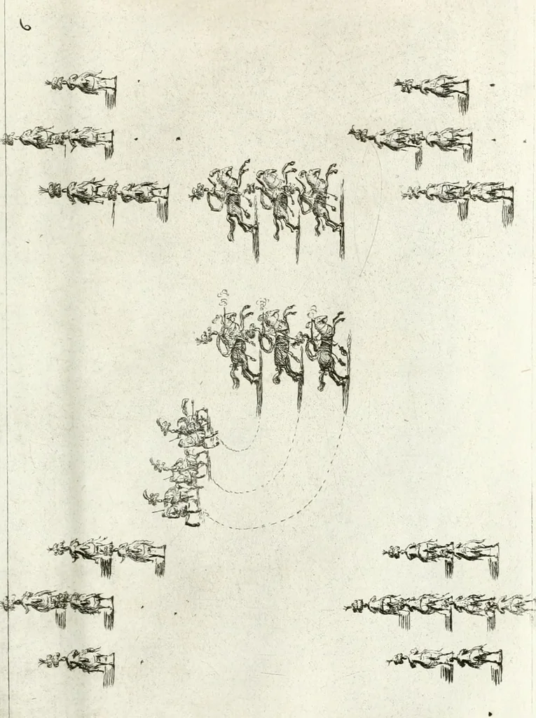 An illustration from Sieg-Streit dess Lufft vnd Wassers : Freuden-Fest zu Pferd zu dem glorwürdigisten Beyläger beeder kayserlichen Majestäten Leopoldi dess Ersten, römischen Kaysers ... vnd Margarita, gebohrner königlichen Infantin auss Hispanien : dargestellet in dero kayserlichen Residenz Statt Wienn, 1667, leaf 46