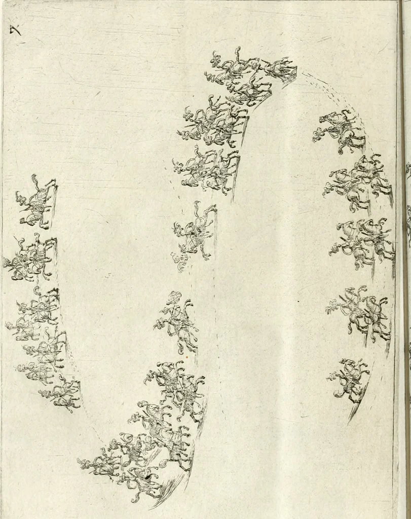 An illustration from Sieg-Streit dess Lufft vnd Wassers : Freuden-Fest zu Pferd zu dem glorwürdigisten Beyläger beeder kayserlichen Majestäten Leopoldi dess Ersten, römischen Kaysers ... vnd Margarita, gebohrner königlichen Infantin auss Hispanien : dargestellet in dero kayserlichen Residenz Statt Wienn, 1667, leaf 49