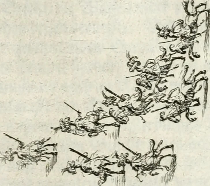 An illustration from Sieg-Streit dess Lufft vnd Wassers : Freuden-Fest zu Pferd zu dem glorwürdigisten Beyläger beeder kayserlichen Majestäten Leopoldi dess Ersten, römischen Kaysers ... vnd Margarita, gebohrner königlichen Infantin auss Hispanien : dargestellet in dero kayserlichen Residenz Statt Wienn, 1667, leaf 50